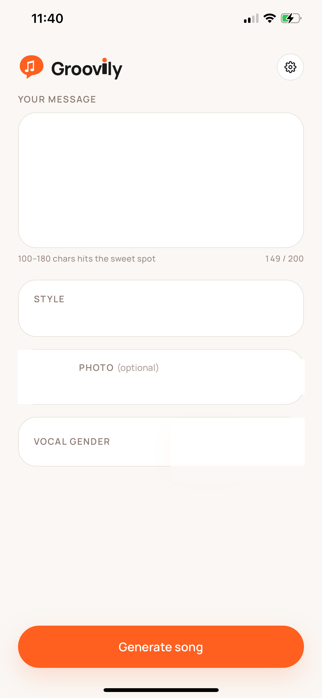 Groovily app screenshot showing message, style, photo, and vocal gender controls